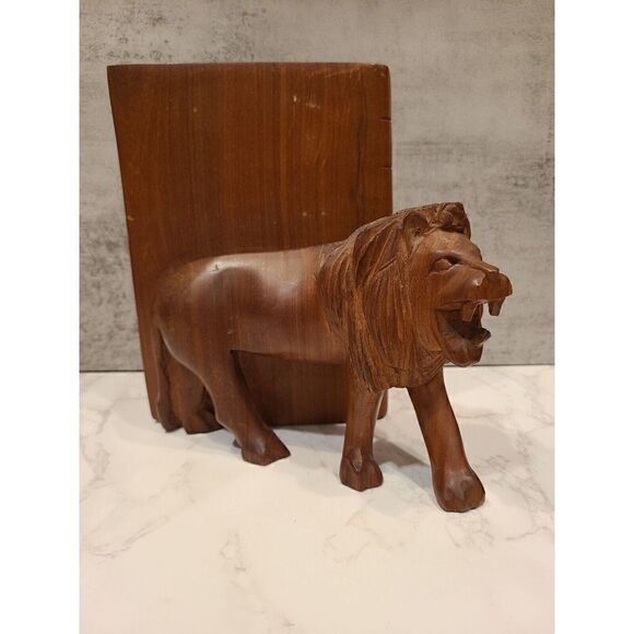 Vintage Wooden Hand Carved Single Heavy Lion Bookend 8” Tall x7.5" Décor Study - Picture 3 of 10
